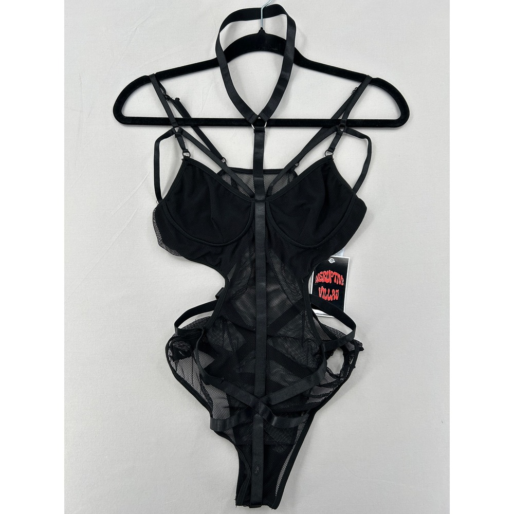 Black Mesh Strappy Harness Bodysuit Cut Out Festival Lingerie Size Large